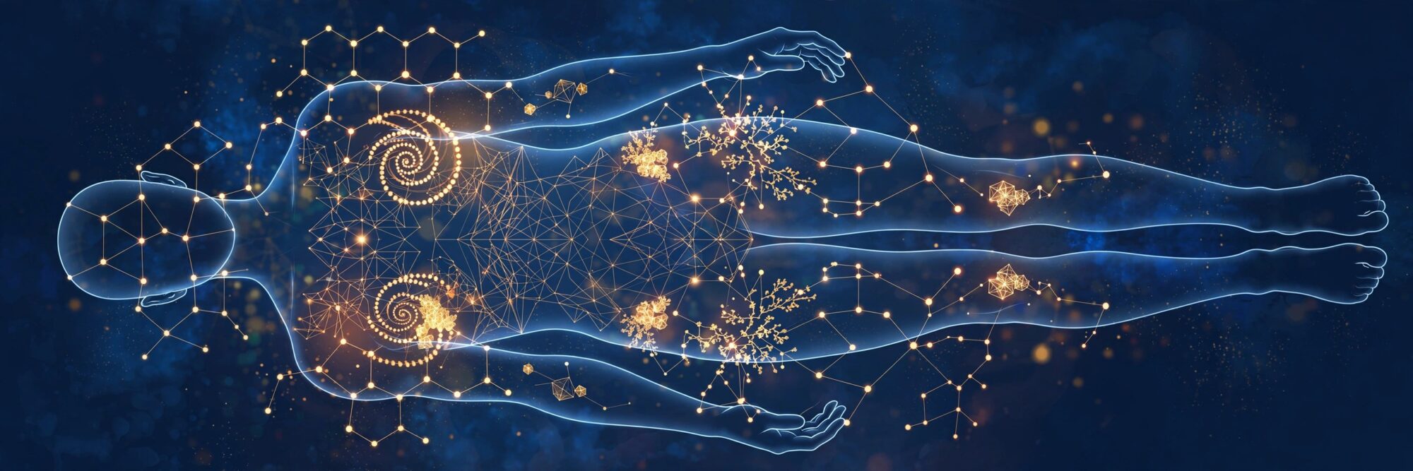 Glowing mineral element network projected over a human body outline — ACPN Invisible Mold series
